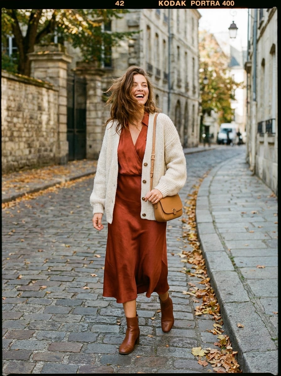 Midikleid mit Strickjacke - Herbst Outfit
